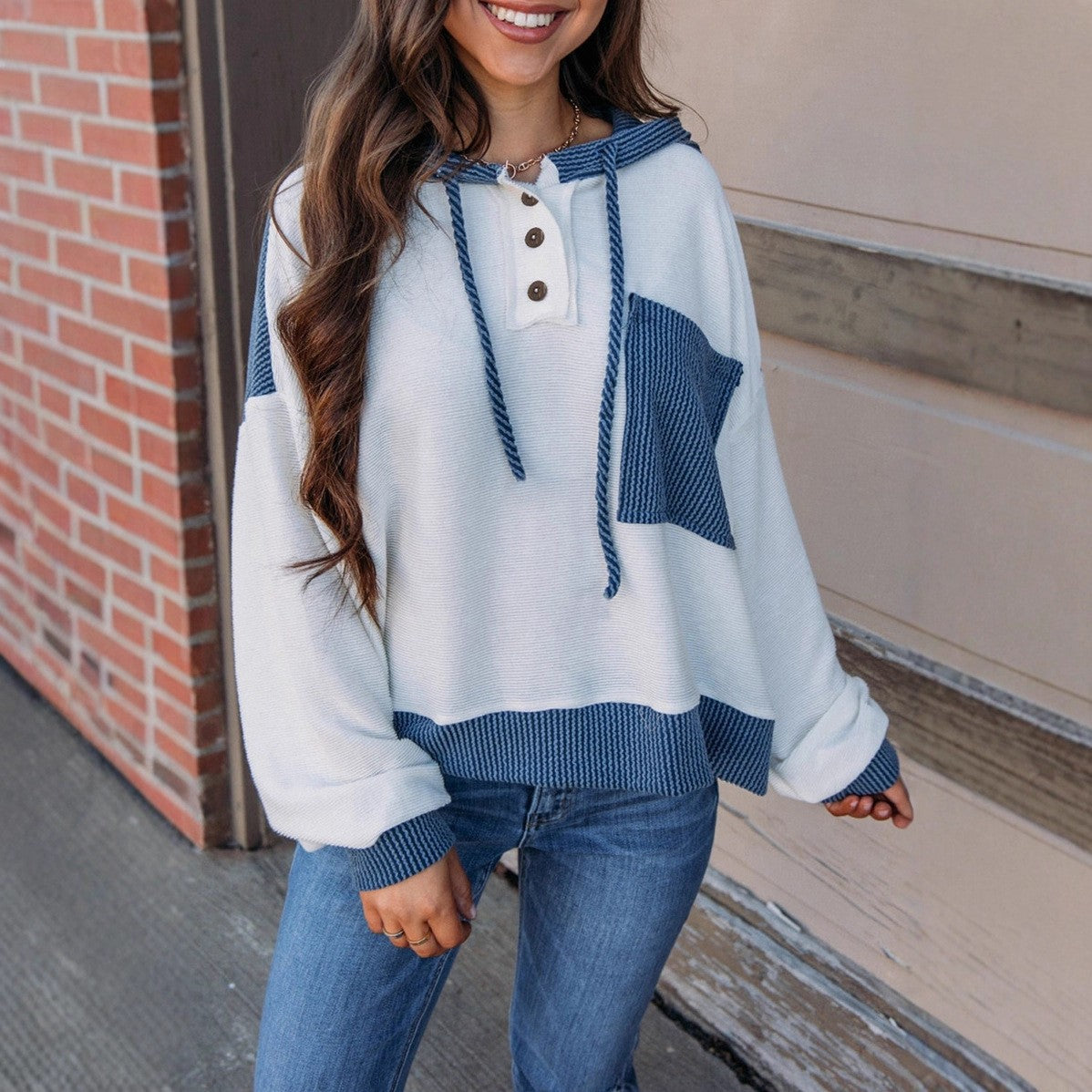 Pullover Women Clothing Autumn Winter Women Contrast Color Twist Strip Hooded Sweater