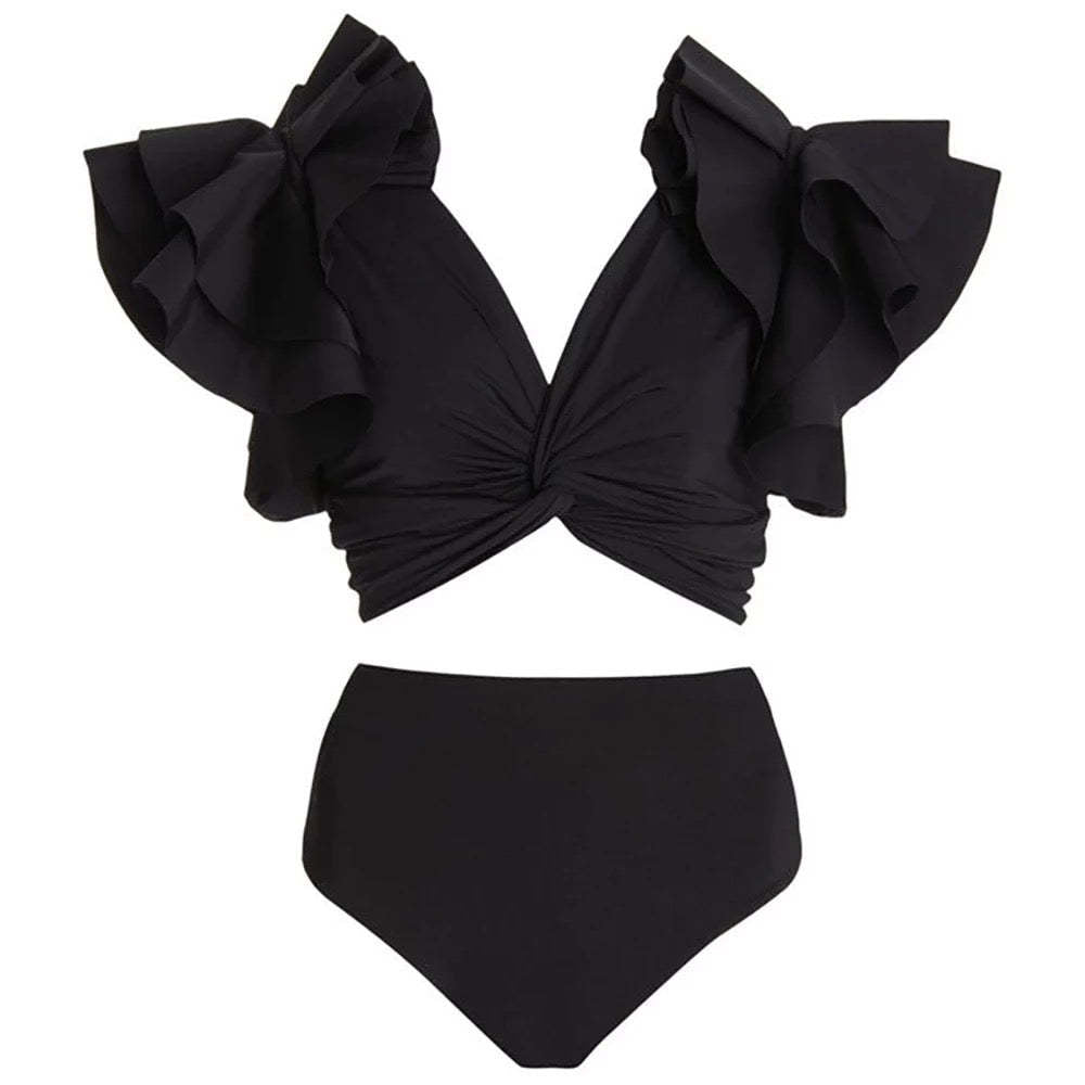 Retro High Waist Split Swimsuit Women Ruffled Bikini Swimsuit Chiffon Beach Skirt Set