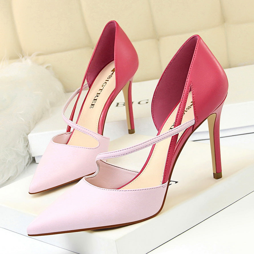 Sweet High Heels Women High Heel Low Cut Pointed Toe Colorblock Hollow Out Cutout out Strap Skinny Shoes