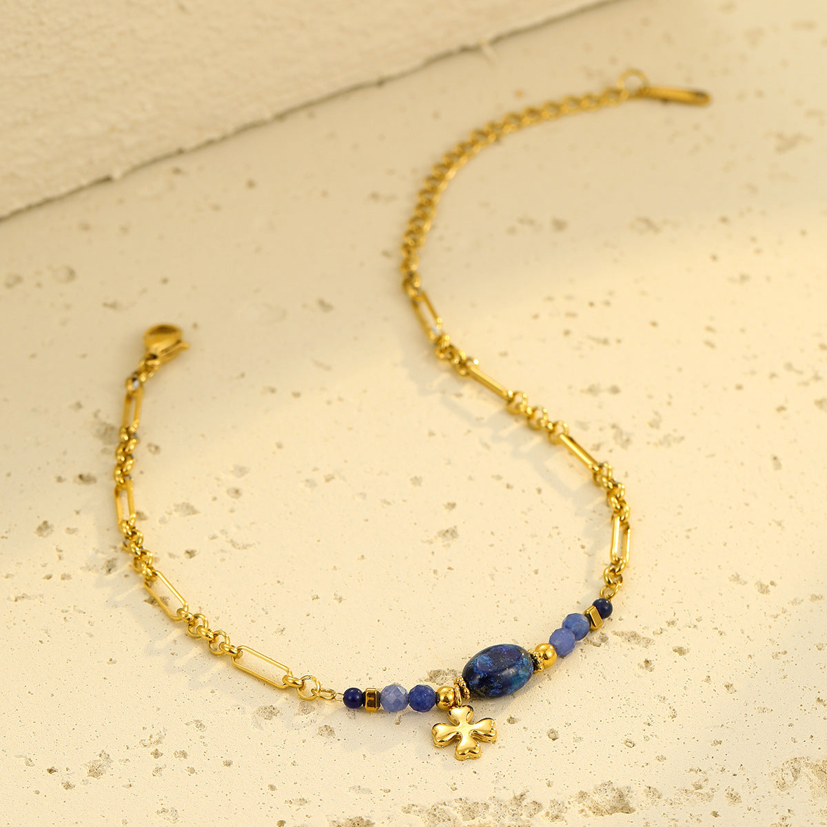Stainless Steel Natural Stone Lapis Four-Leaf Clover Embellished Bracelet Women Titanium Steel Jewelry
