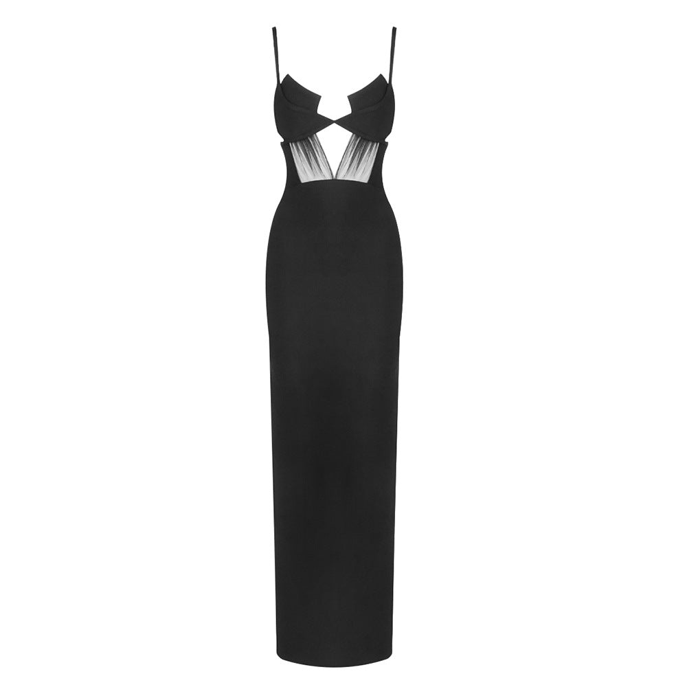 Black Knitted Bandage One Piece Dress Women Cross Spaghetti Straps Slimming Commuting Date Cocktail Slim Fit Maxi Dress