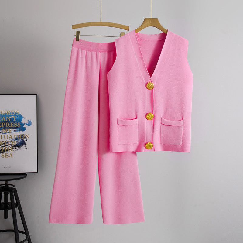 Summer Gold Button V neck Knitted Vest Casual Trousers Knitting Two Piece Sets