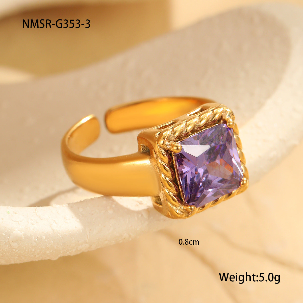 Entry Lux Color Square Open End Zircon Ring Stainless Steel 18K Gold Plating Vintage Modern Office Ring