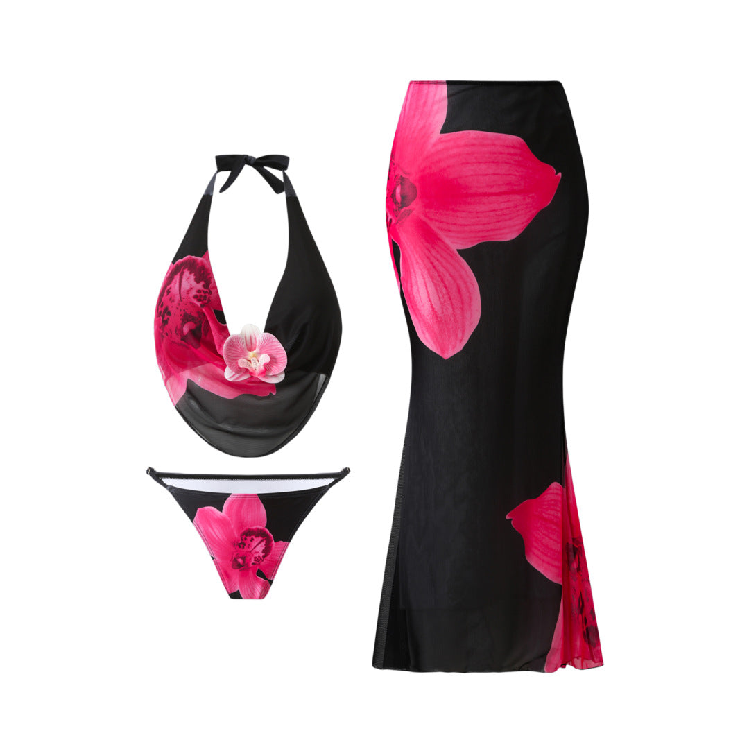 Bikini Mesh Floral Print Three Piece Skirt Sunscreen Swimsuit Women