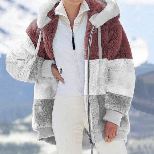 Autumn Winter Warm Plush Patchwork Zipper Pocket Hooded Loose Coat Women