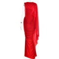 Fashionable Pleated Mesh Shawl Dress Sexy Sheath round Neck Slim Dress