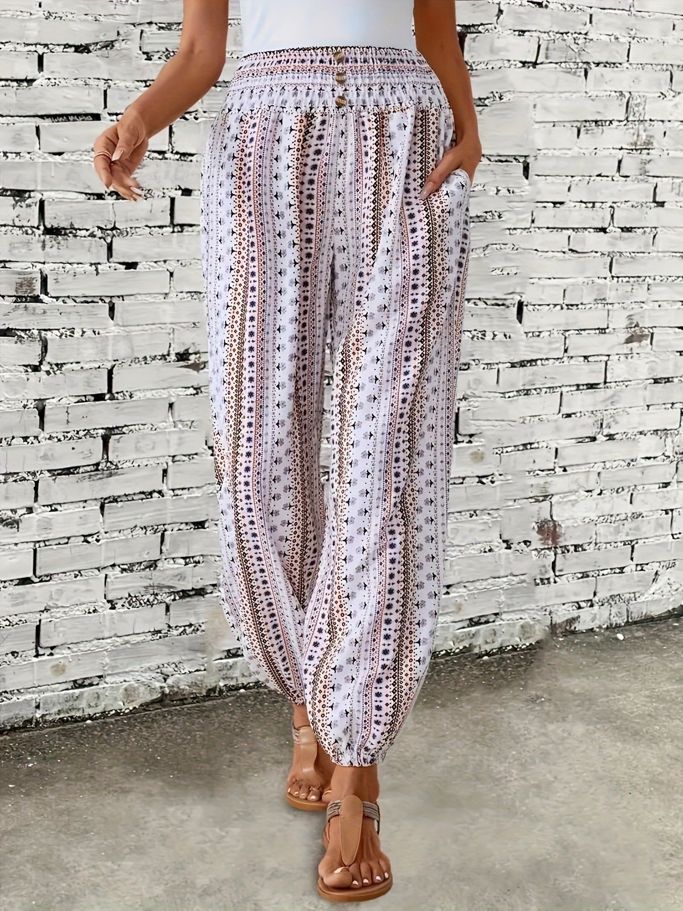 Spring Summer Women Clothing Bohemian Ethnic Print Loose Slimming Draping Effect Elastic Waist Ankle Tied Casual Pants