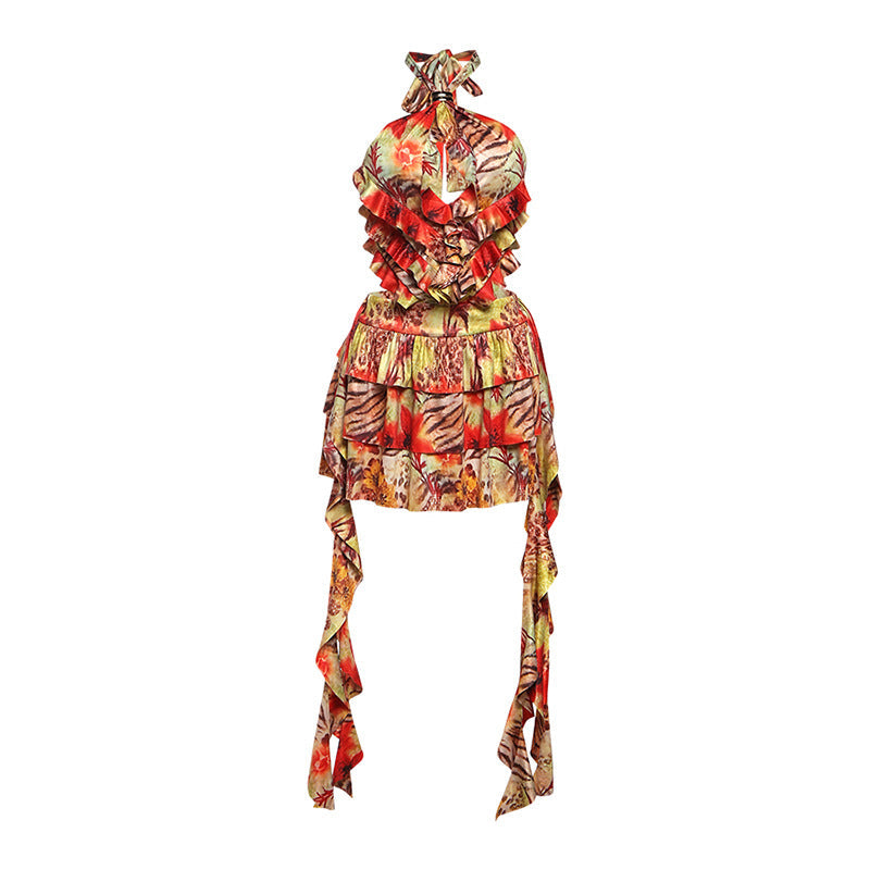 Summer Women Clothing Sexy Halter Lace up Backless Short Printing Dress