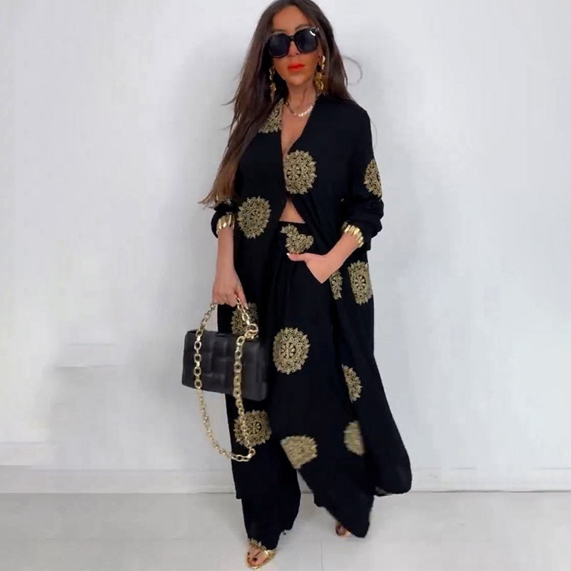 Summer Elegant Sexy V neck Top Printed Wide Leg Pants Two Piece Set