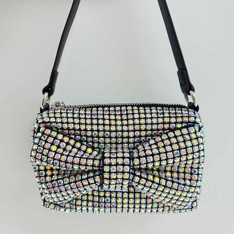 Chic Bow Classic Small Square Bag Full Diamond Party Rhinestone Clutch Chain Shoulder Crossbody Women Trendy Bag