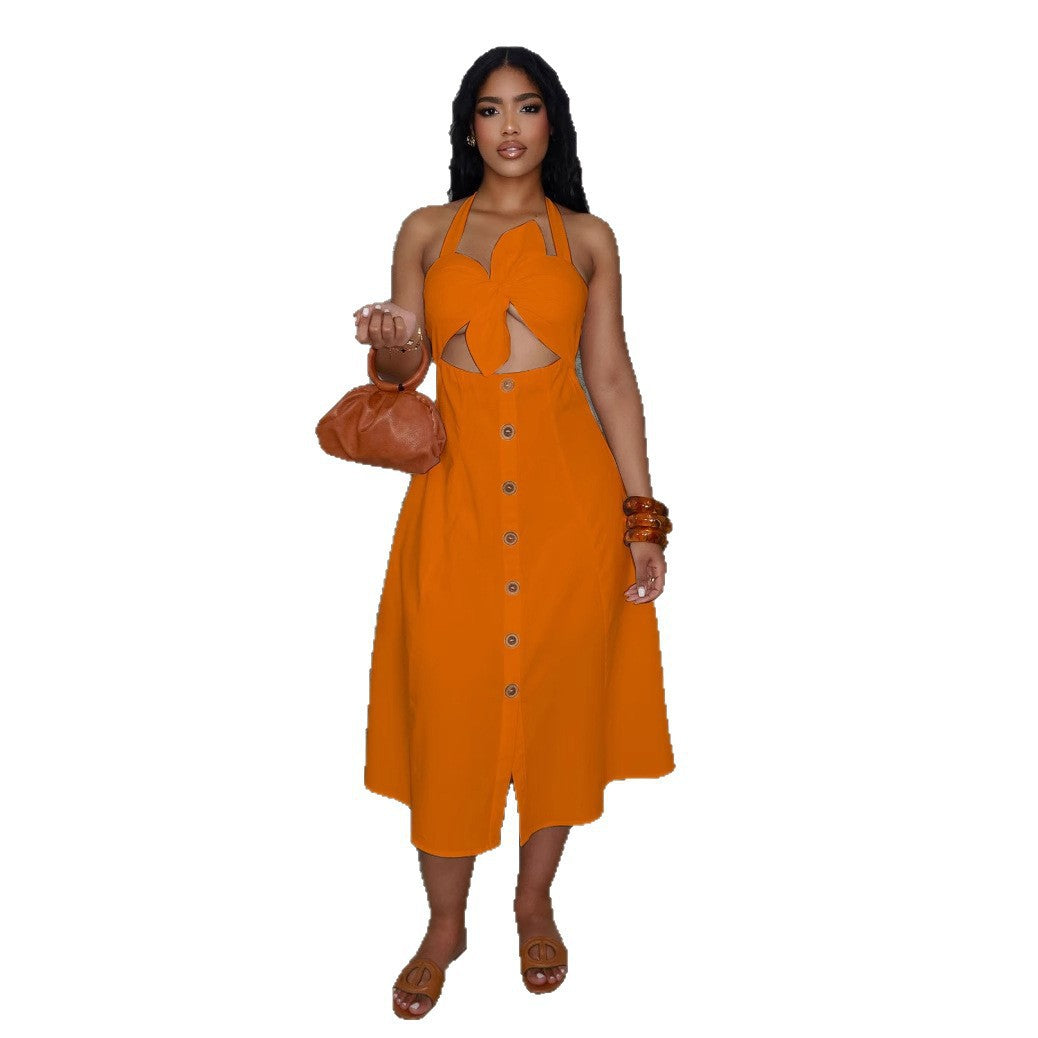 Elegant Office Solid Color Twist Decoration Smocking Halter Tied Dress