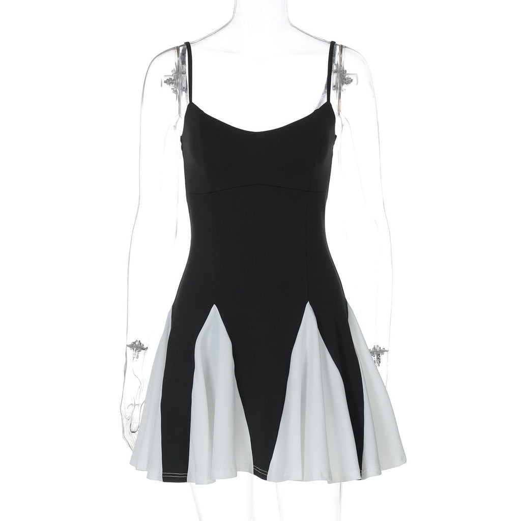 Color Contrast Patchwork Short Dress Summer Suspenders Backless Pleated Dress