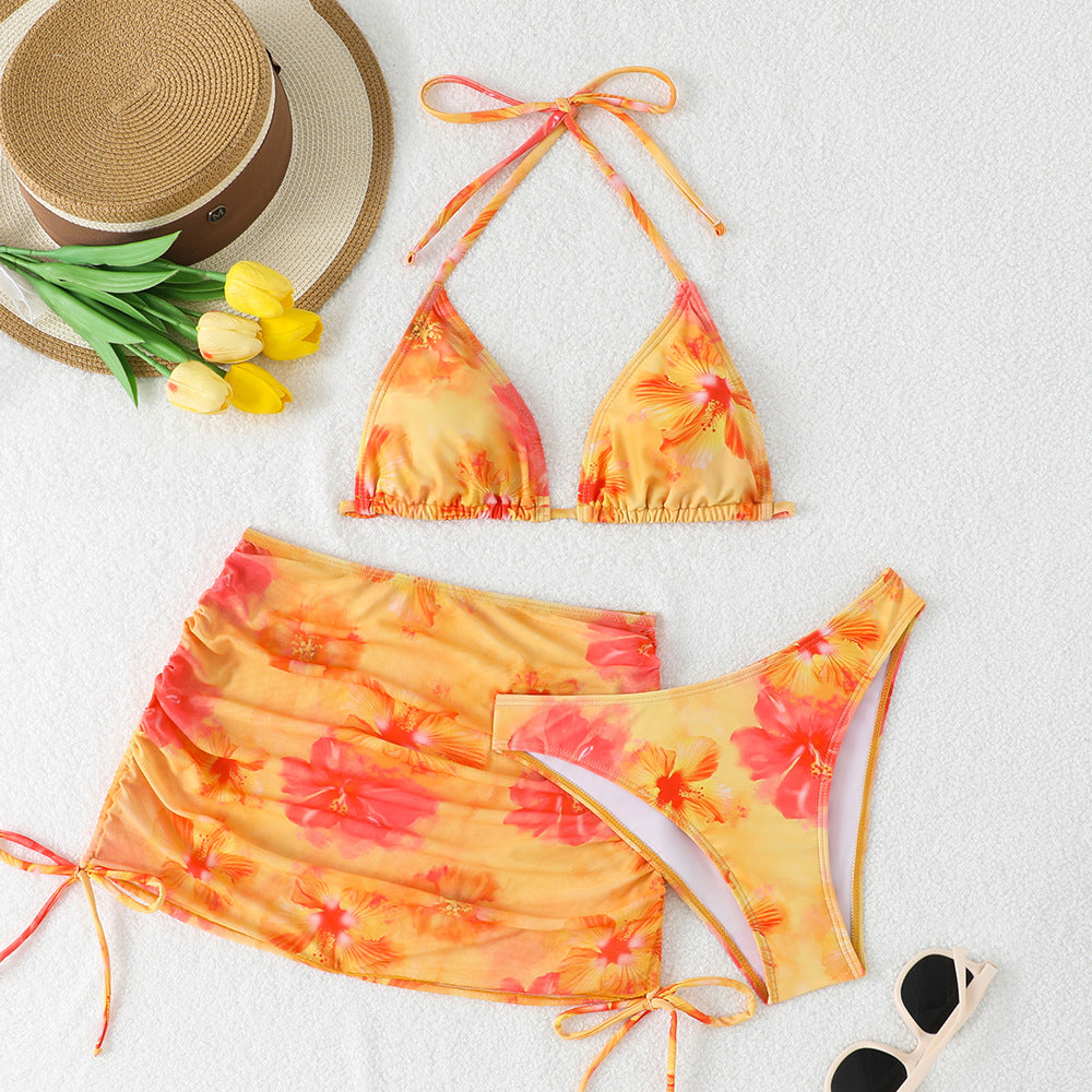 Bikini Mesh Drawstring Slim Sexy Slim Printed Bikini Three Piece Sets Swimsuit