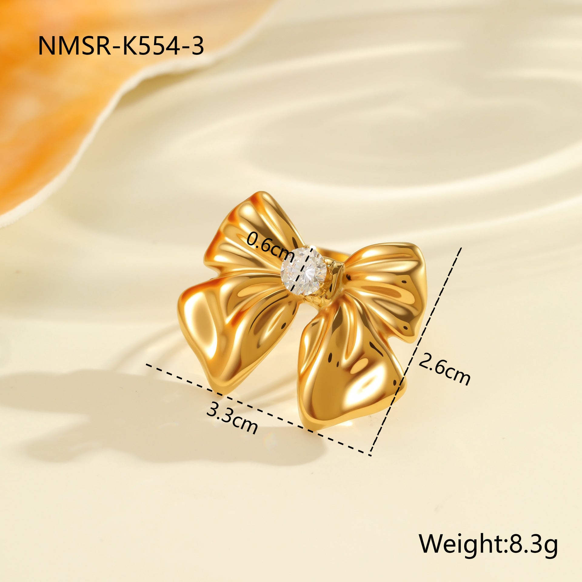 Bowknot Zircon Titanium Steel Ring 18K Gold Plating Open Ring Hand Jewelry