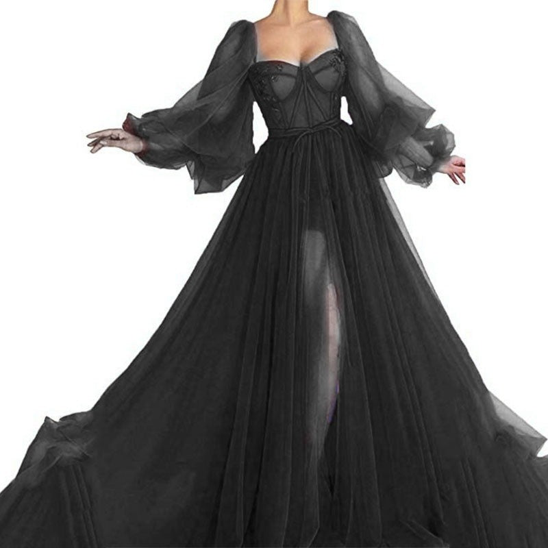 Summer Women Clothing Graceful Fashionable Dress Mesh Split Expansion Dress Wedding Evening Dress
