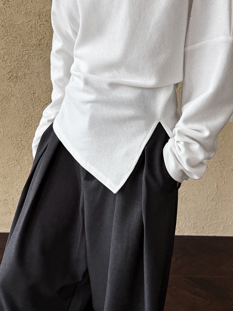 High Grade Irregular Asymmetric Shoulder Sweater Women Special Interest Design Fold Split Waist Controlled Top